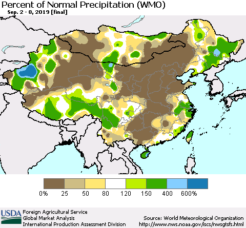 China and Taiwan Percent of Normal Precipitation (WMO) Thematic Map For 9/2/2019 - 9/8/2019