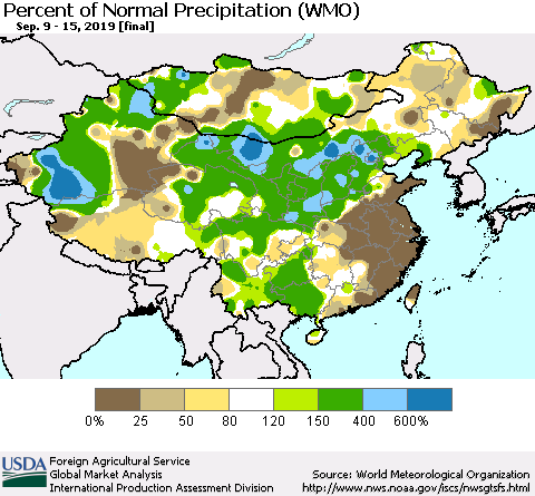 China, Mongolia and Taiwan Percent of Normal Precipitation (WMO) Thematic Map For 9/9/2019 - 9/15/2019