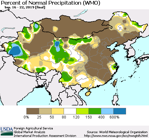 China and Taiwan Percent of Normal Precipitation (WMO) Thematic Map For 9/16/2019 - 9/22/2019