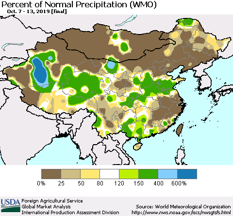 China and Taiwan Percent of Normal Precipitation (WMO) Thematic Map For 10/7/2019 - 10/13/2019