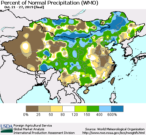 China and Taiwan Percent of Normal Precipitation (WMO) Thematic Map For 10/21/2019 - 10/27/2019