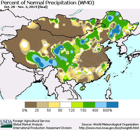 China and Taiwan Percent of Normal Precipitation (WMO) Thematic Map For 10/28/2019 - 11/3/2019