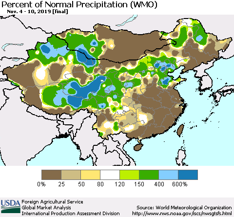 China, Mongolia and Taiwan Percent of Normal Precipitation (WMO) Thematic Map For 11/4/2019 - 11/10/2019