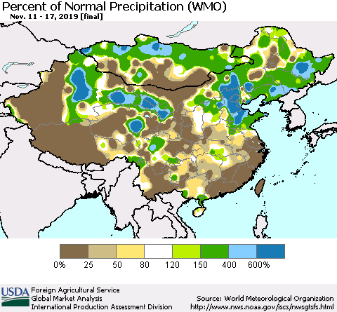 China, Mongolia and Taiwan Percent of Normal Precipitation (WMO) Thematic Map For 11/11/2019 - 11/17/2019