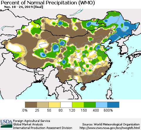 China, Mongolia and Taiwan Percent of Normal Precipitation (WMO) Thematic Map For 11/18/2019 - 11/24/2019