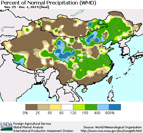 China, Mongolia and Taiwan Percent of Normal Precipitation (WMO) Thematic Map For 11/25/2019 - 12/1/2019