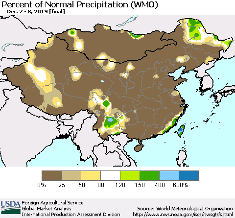 China, Mongolia and Taiwan Percent of Normal Precipitation (WMO) Thematic Map For 12/2/2019 - 12/8/2019