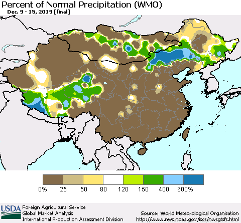 China, Mongolia and Taiwan Percent of Normal Precipitation (WMO) Thematic Map For 12/9/2019 - 12/15/2019