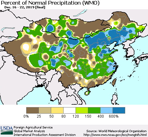 China, Mongolia and Taiwan Percent of Normal Precipitation (WMO) Thematic Map For 12/16/2019 - 12/22/2019