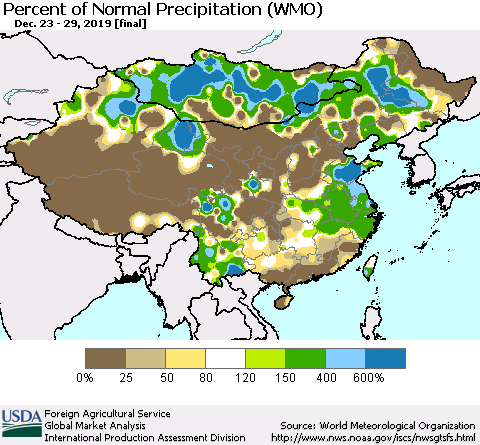 China, Mongolia and Taiwan Percent of Normal Precipitation (WMO) Thematic Map For 12/23/2019 - 12/29/2019