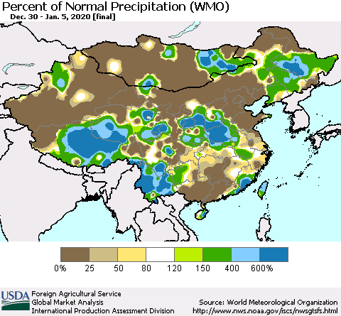 China, Mongolia and Taiwan Percent of Normal Precipitation (WMO) Thematic Map For 12/30/2019 - 1/5/2020
