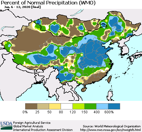 China, Mongolia and Taiwan Percent of Normal Precipitation (WMO) Thematic Map For 1/6/2020 - 1/12/2020