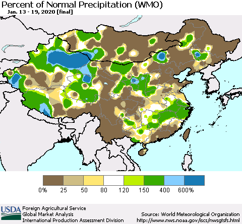 China, Mongolia and Taiwan Percent of Normal Precipitation (WMO) Thematic Map For 1/13/2020 - 1/19/2020