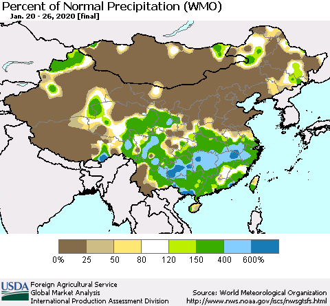 China, Mongolia and Taiwan Percent of Normal Precipitation (WMO) Thematic Map For 1/20/2020 - 1/26/2020