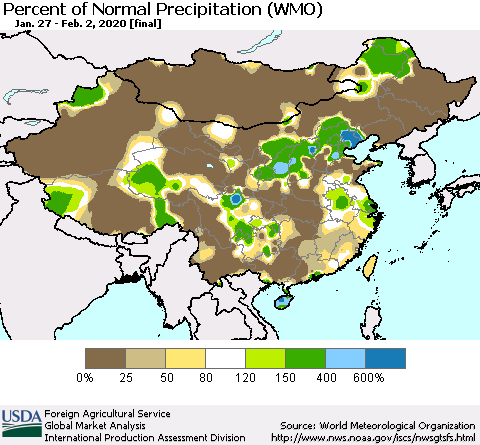 China, Mongolia and Taiwan Percent of Normal Precipitation (WMO) Thematic Map For 1/27/2020 - 2/2/2020