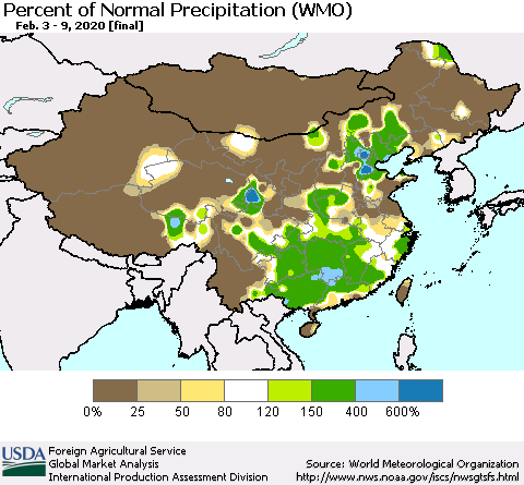 China, Mongolia and Taiwan Percent of Normal Precipitation (WMO) Thematic Map For 2/3/2020 - 2/9/2020