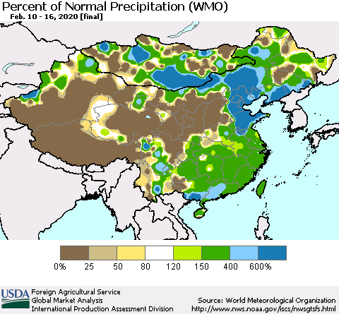 China, Mongolia and Taiwan Percent of Normal Precipitation (WMO) Thematic Map For 2/10/2020 - 2/16/2020