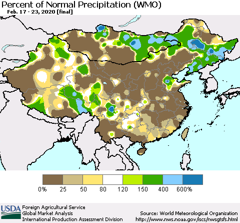 China, Mongolia and Taiwan Percent of Normal Precipitation (WMO) Thematic Map For 2/17/2020 - 2/23/2020