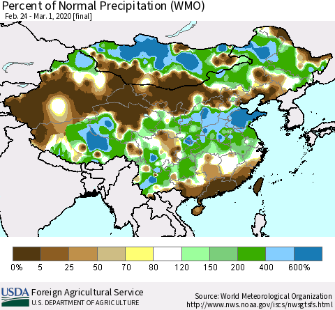 China, Mongolia and Taiwan Percent of Normal Precipitation (WMO) Thematic Map For 2/24/2020 - 3/1/2020