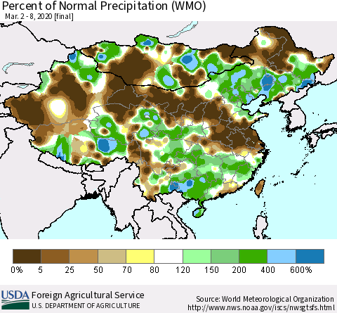 China, Mongolia and Taiwan Percent of Normal Precipitation (WMO) Thematic Map For 3/2/2020 - 3/8/2020