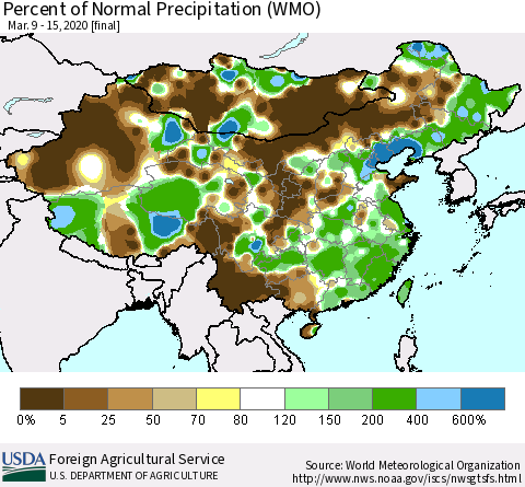 China, Mongolia and Taiwan Percent of Normal Precipitation (WMO) Thematic Map For 3/9/2020 - 3/15/2020