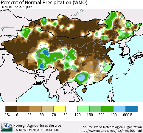 China, Mongolia and Taiwan Percent of Normal Precipitation (WMO) Thematic Map For 3/16/2020 - 3/22/2020