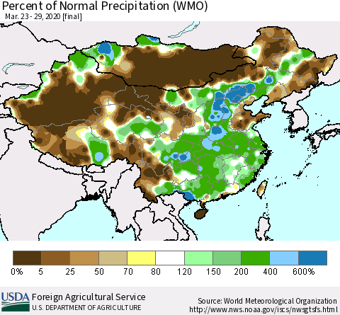 China, Mongolia and Taiwan Percent of Normal Precipitation (WMO) Thematic Map For 3/23/2020 - 3/29/2020