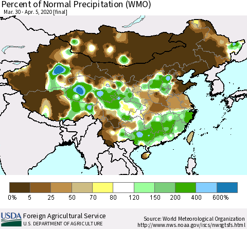 China, Mongolia and Taiwan Percent of Normal Precipitation (WMO) Thematic Map For 3/30/2020 - 4/5/2020