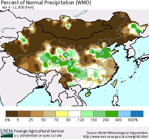 China, Mongolia and Taiwan Percent of Normal Precipitation (WMO) Thematic Map For 4/6/2020 - 4/12/2020