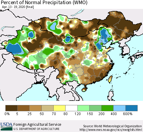 China, Mongolia and Taiwan Percent of Normal Precipitation (WMO) Thematic Map For 4/13/2020 - 4/19/2020