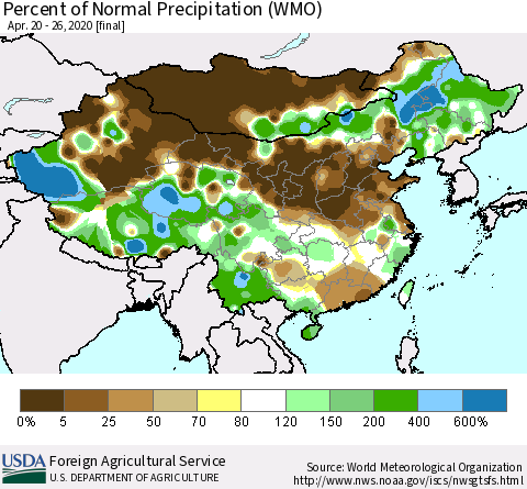 China, Mongolia and Taiwan Percent of Normal Precipitation (WMO) Thematic Map For 4/20/2020 - 4/26/2020