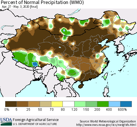 China, Mongolia and Taiwan Percent of Normal Precipitation (WMO) Thematic Map For 4/27/2020 - 5/3/2020