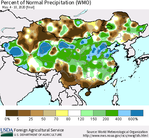 China, Mongolia and Taiwan Percent of Normal Precipitation (WMO) Thematic Map For 5/4/2020 - 5/10/2020