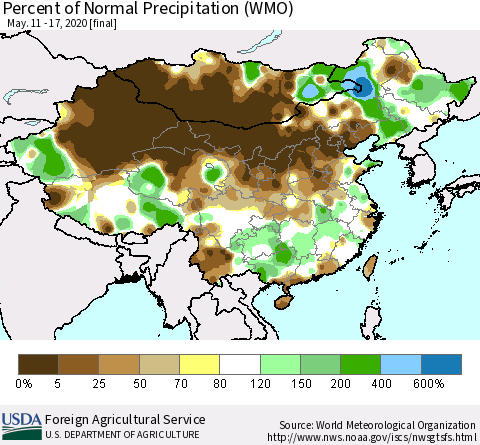 China, Mongolia and Taiwan Percent of Normal Precipitation (WMO) Thematic Map For 5/11/2020 - 5/17/2020