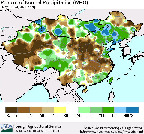 China, Mongolia and Taiwan Percent of Normal Precipitation (WMO) Thematic Map For 5/18/2020 - 5/24/2020
