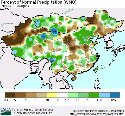 China, Mongolia and Taiwan Percent of Normal Precipitation (WMO) Thematic Map For 5/25/2020 - 5/31/2020