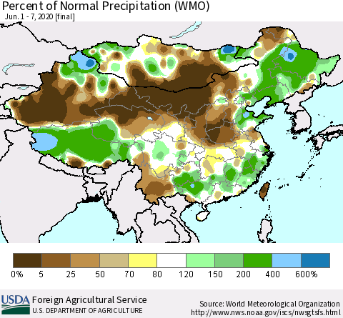 China, Mongolia and Taiwan Percent of Normal Precipitation (WMO) Thematic Map For 6/1/2020 - 6/7/2020