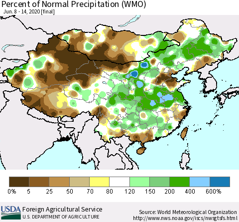China, Mongolia and Taiwan Percent of Normal Precipitation (WMO) Thematic Map For 6/8/2020 - 6/14/2020