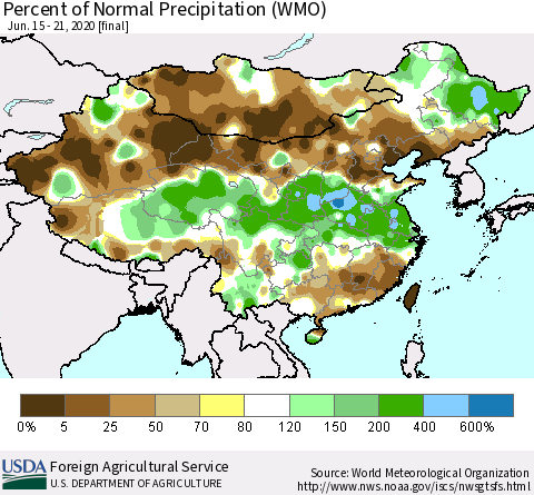 China, Mongolia and Taiwan Percent of Normal Precipitation (WMO) Thematic Map For 6/15/2020 - 6/21/2020