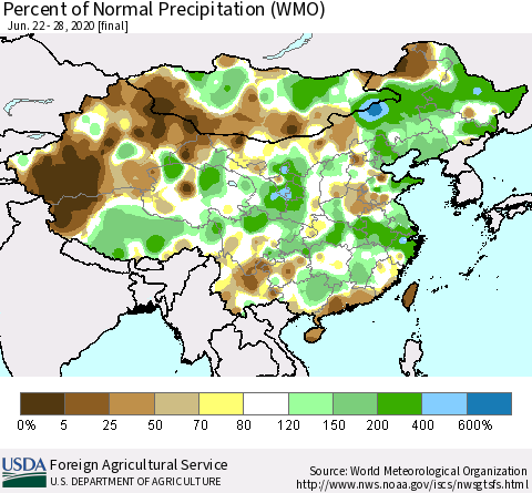 China, Mongolia and Taiwan Percent of Normal Precipitation (WMO) Thematic Map For 6/22/2020 - 6/28/2020