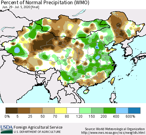 China, Mongolia and Taiwan Percent of Normal Precipitation (WMO) Thematic Map For 6/29/2020 - 7/5/2020