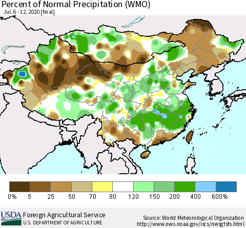 China, Mongolia and Taiwan Percent of Normal Precipitation (WMO) Thematic Map For 7/6/2020 - 7/12/2020