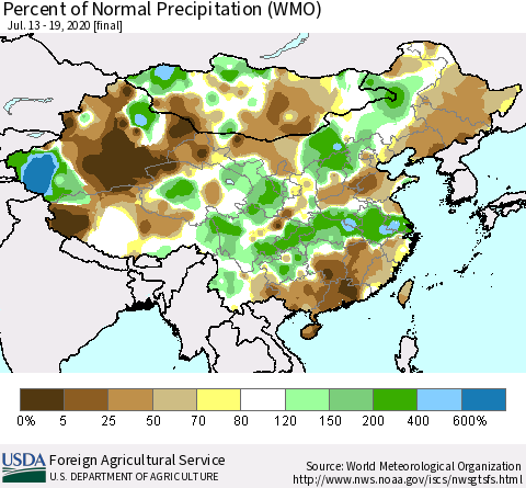 China, Mongolia and Taiwan Percent of Normal Precipitation (WMO) Thematic Map For 7/13/2020 - 7/19/2020