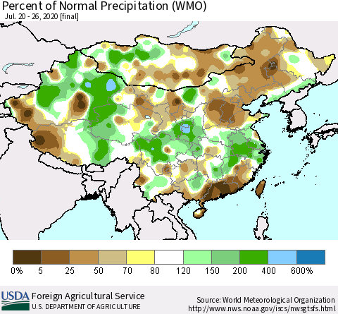 China, Mongolia and Taiwan Percent of Normal Precipitation (WMO) Thematic Map For 7/20/2020 - 7/26/2020