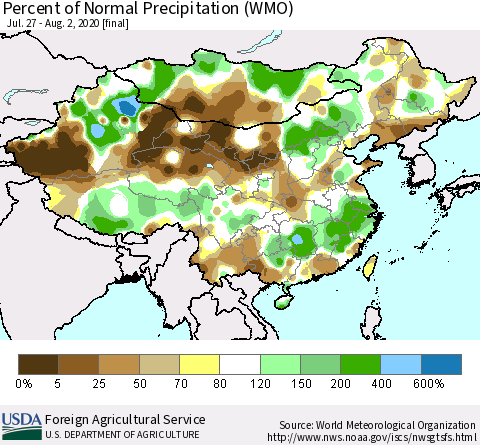 China, Mongolia and Taiwan Percent of Normal Precipitation (WMO) Thematic Map For 7/27/2020 - 8/2/2020