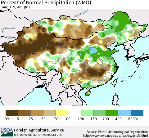 China, Mongolia and Taiwan Percent of Normal Precipitation (WMO) Thematic Map For 8/3/2020 - 8/9/2020
