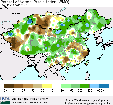 China, Mongolia and Taiwan Percent of Normal Precipitation (WMO) Thematic Map For 8/10/2020 - 8/16/2020