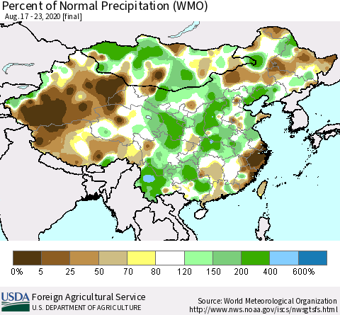 China, Mongolia and Taiwan Percent of Normal Precipitation (WMO) Thematic Map For 8/17/2020 - 8/23/2020