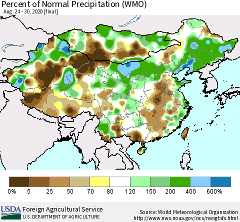 China, Mongolia and Taiwan Percent of Normal Precipitation (WMO) Thematic Map For 8/24/2020 - 8/30/2020
