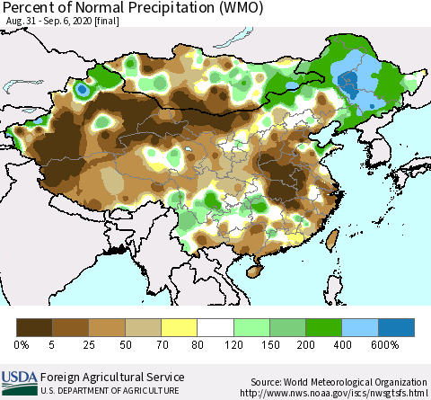 China, Mongolia and Taiwan Percent of Normal Precipitation (WMO) Thematic Map For 8/31/2020 - 9/6/2020
